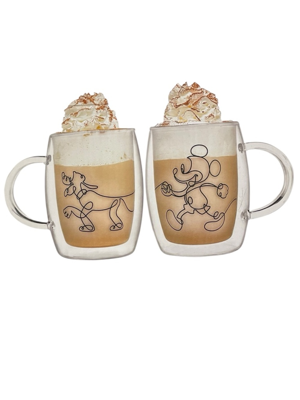 DISNEY Clear Double-Wall Glass Mugs with Mickey & Pluto Black Line Art - 2 Pack